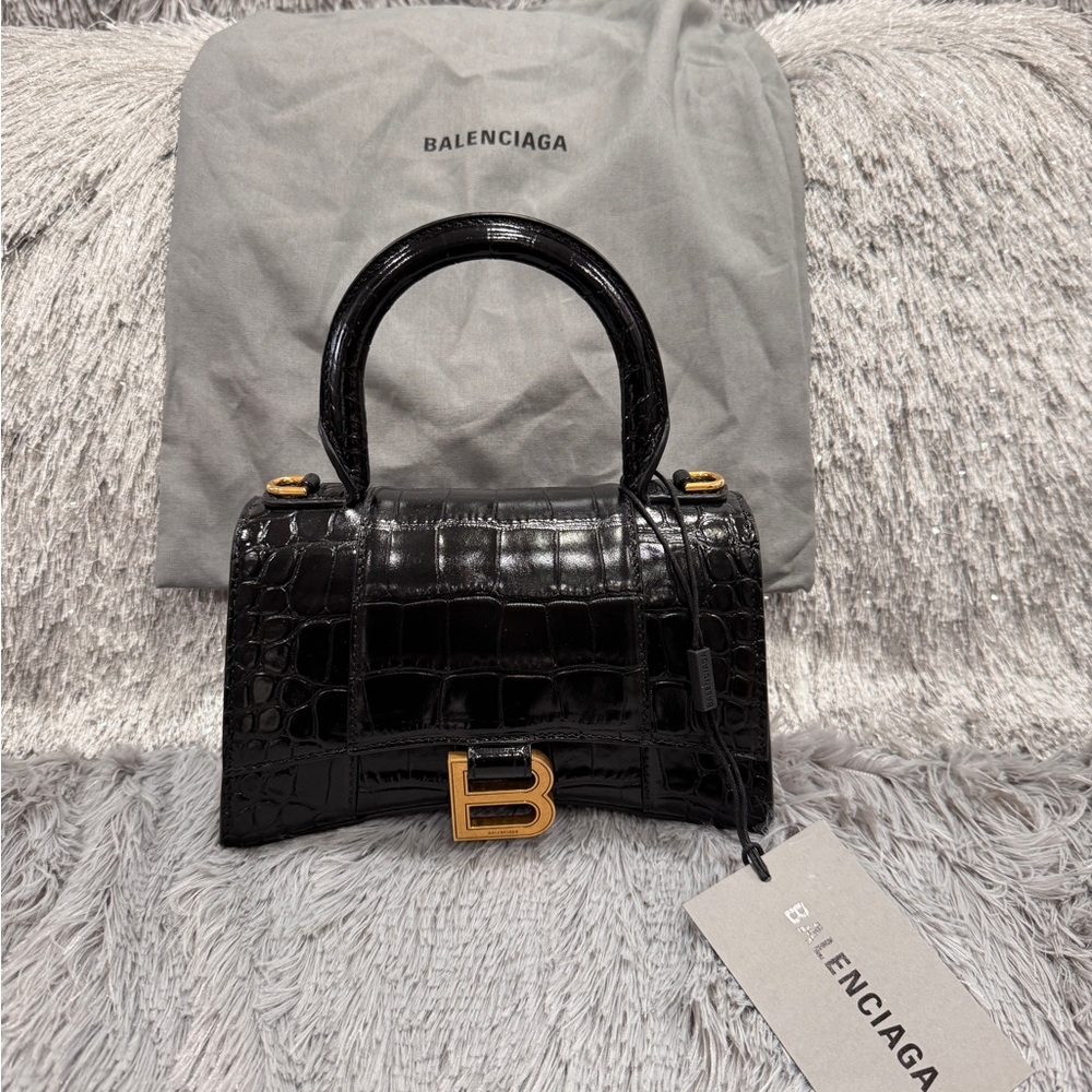 BALENCIAGA HOURGLASS XS HANDBAG CROCODILE EMBOSSED IN BLACK